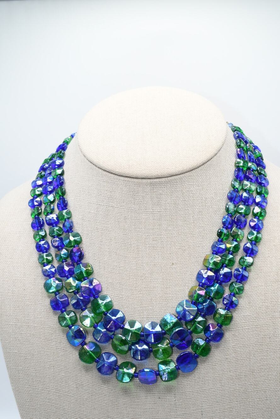 Vintage Germany Blue Green Fire Polished Lucite Bead Necklace 16 Inch